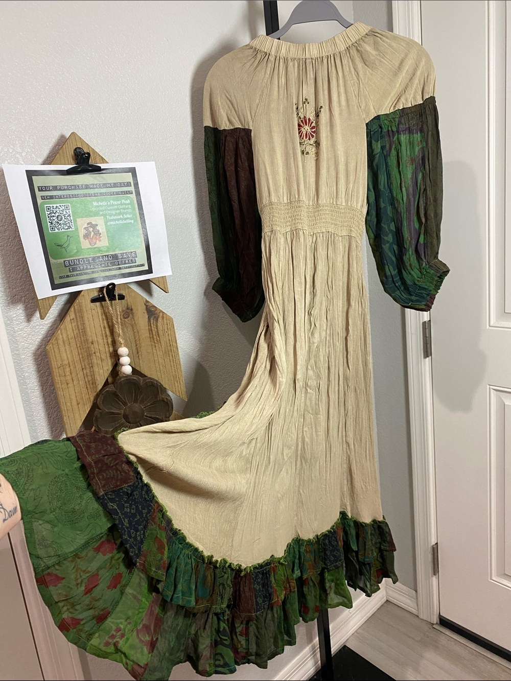 Young Threads Boho Patchwork Dress in Cream and Green sz S - Picture 5 of 9